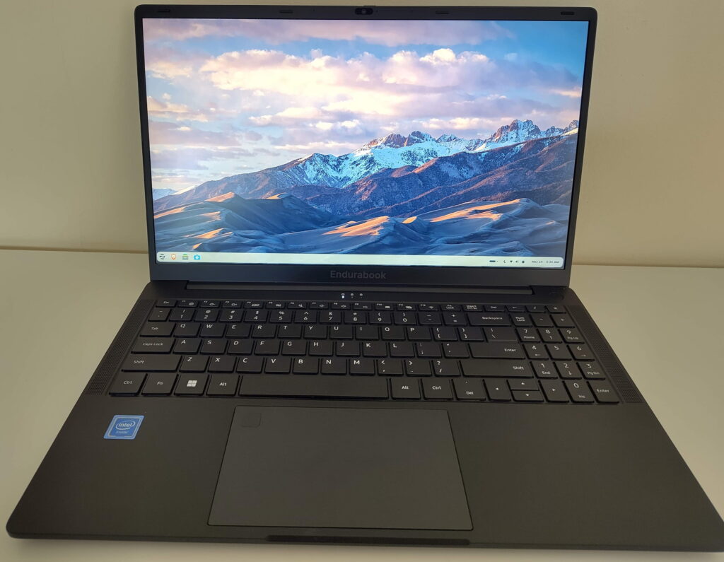 Endurabook prototype laptop, open, showing the keyboard and 15.6 inch IPS display